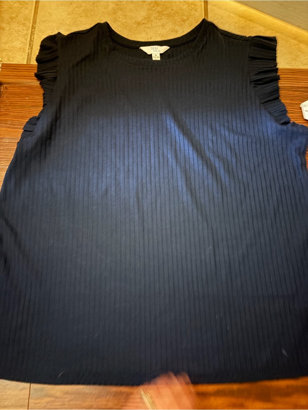 Womens time and tru Navy Ribbed Ruffle Sleeve Sleeveless Top